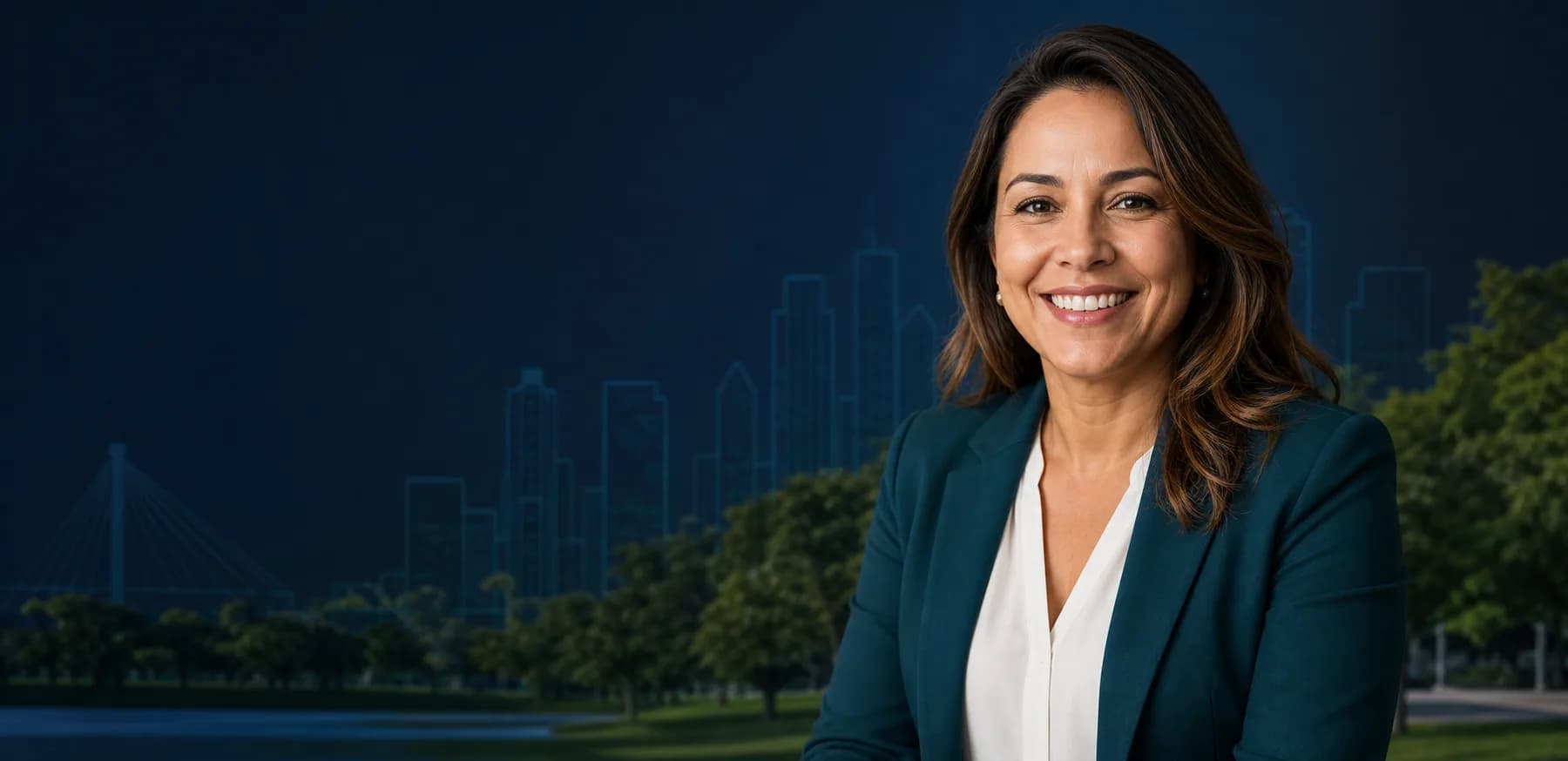 Candidata fictícia em uma paisagem urbana